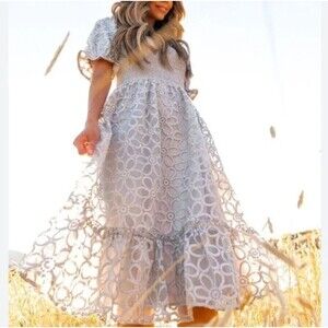 Ivy City Dress Women L Gray Floral Smocked Midi Puff Sleeve Mommy Cottage Boho